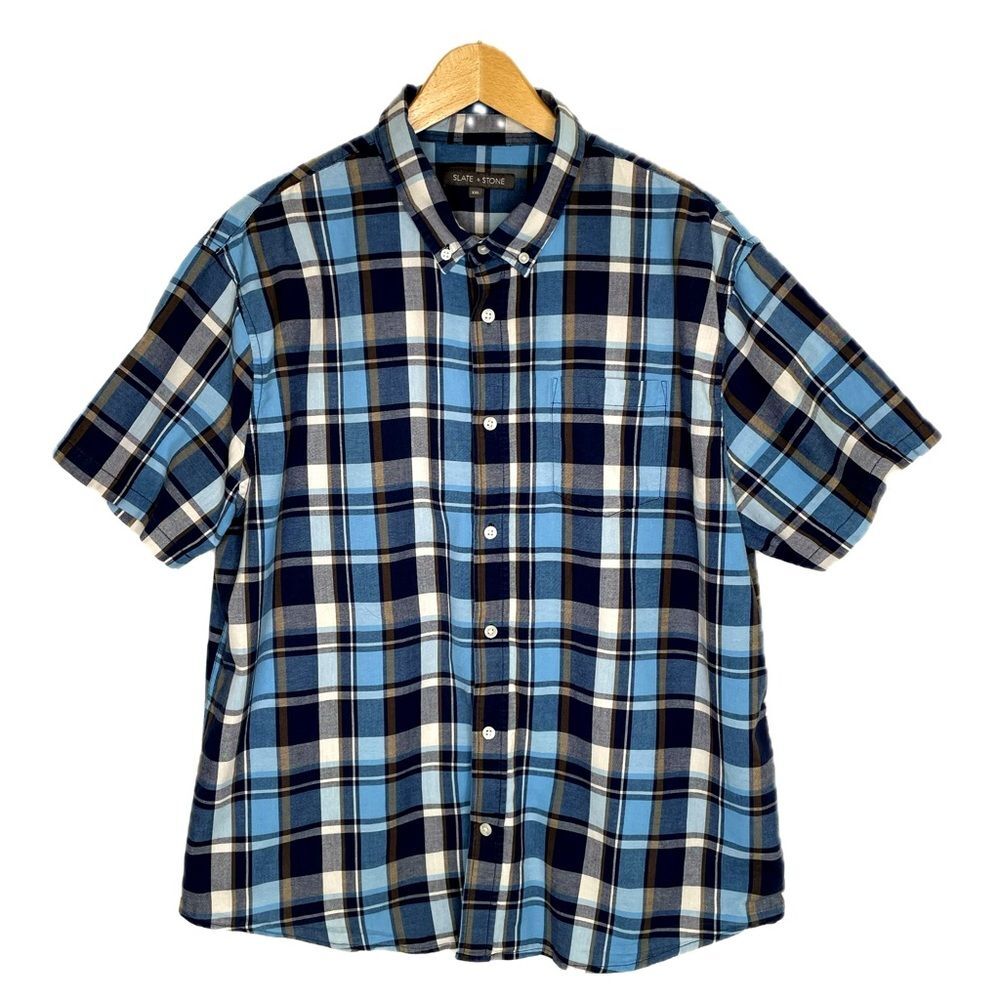 Slate & Stone Short Sleeve Shirt Mens Size XXL Blue Plaid 100% Cotton Button Dow